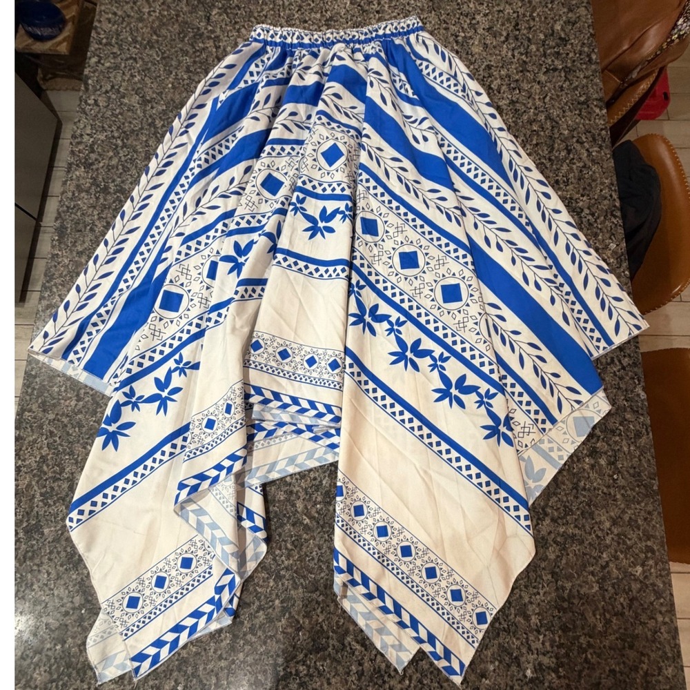 Shein Blue White Geometric Print Handkerchief Hem Asymmetrical Skirt Small